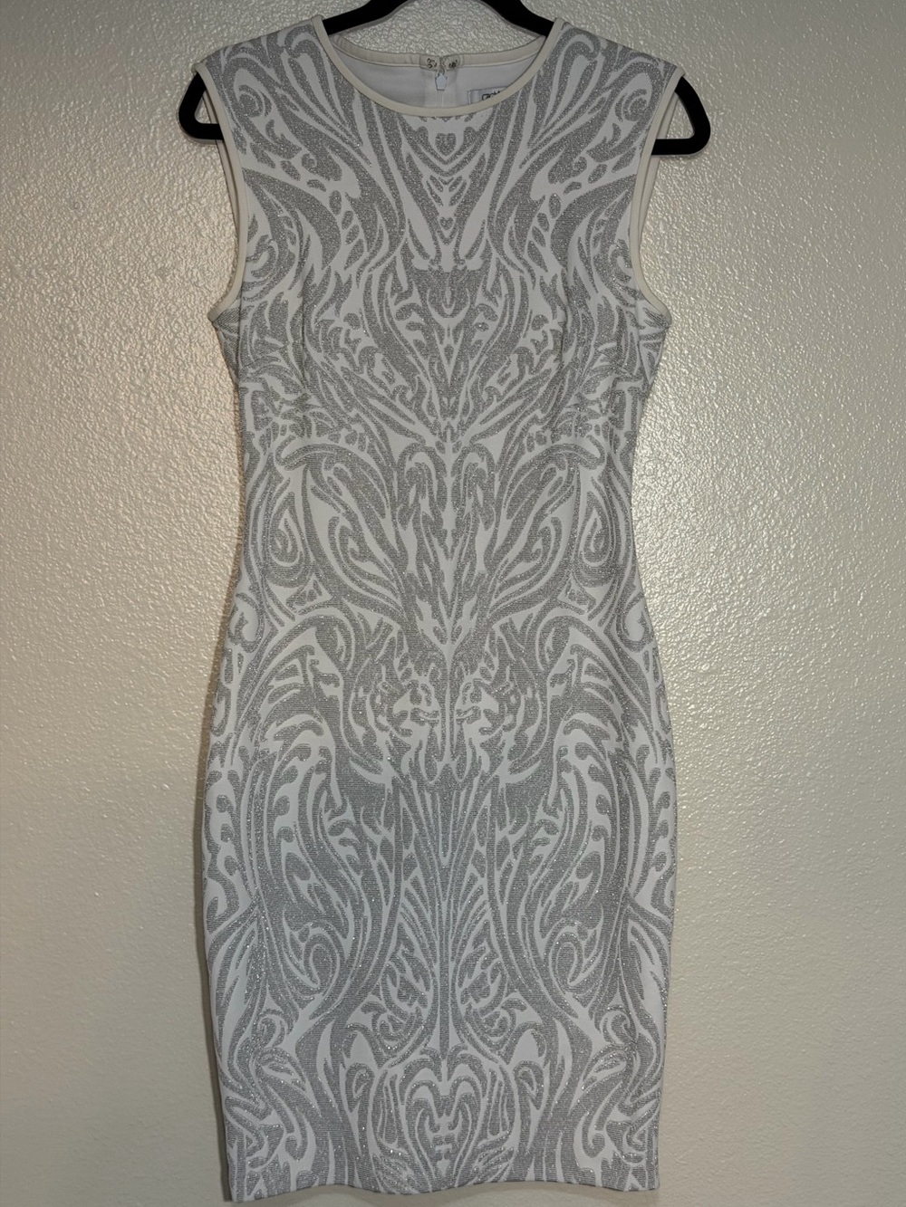 Y2K Cache Silver and White Swirl Print Sleeveless Cocktail Dress
